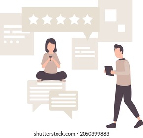 A girl is sitting and using mobile phone . A boy coming with a file or tablet for discussing about ratings.