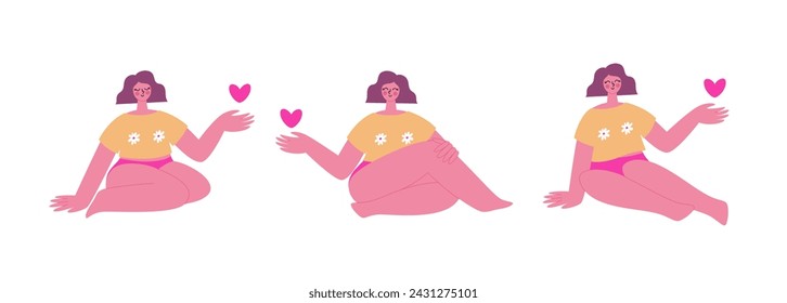 A girl sitting in various poses. Happy woman with a heart in her hand sitting on the floor. Girl in pink panties. Happy period time. Bodypositive concept