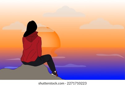 girl sitting and watching the sunset at the sea after exercise