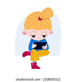 Girl sitting and watching tablet vector cartoon character.