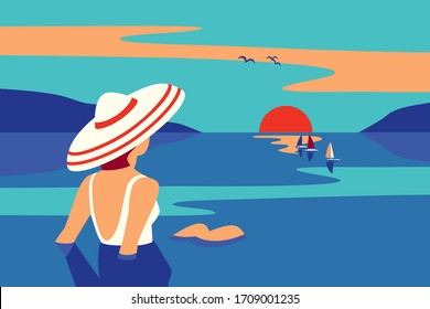 Girl sitting in water enjoys seaside sunset flat color vector. Sea scenic view hand drawn pop art retro style. Holiday vacation season travel leisure cartoon. Tourist trip rest background illustration