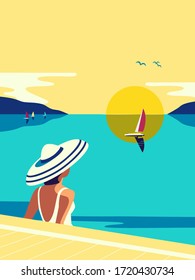 Girl sitting in water enjoys seaside sunset flat color vector. Sea scenic view hand drawn pop art retro style. Holiday vacation season travel leisure cartoon. Tourist trip rest background illustration