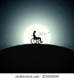 Girl sitting in wheelchair. Death and afterlife. Full moon silhouette