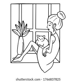 Girl sitting at window with cat doodle icon isolated