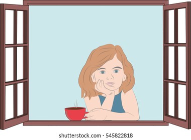 girl sitting at the window with a cup of tea (coffee). vector illustration.