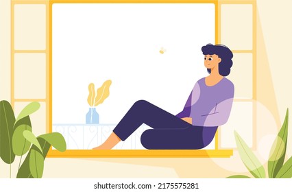Girl sitting at the window, dreaming, looking out, flat cartoon vector illustration. Woman spending evening time at home.