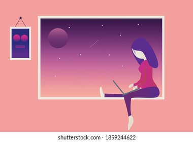 Girl sitting at window with laptop, night starry sky in the background. Concept of work from home, isolation, loneliness, opportunity, quarantine, beginnings, unemployment, 