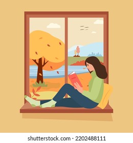 Una chica sentada en un ventanal y leyendo un libro. Estilo de vida de la temporada de invierno. Vector de estilo plano. Ilustración vectorial cómoda