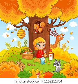 Girl sitting in the woods on a rock and drinking tea. Vector summer illustration in cartoon style.

