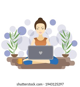 A girl sitting and work on laptop. Vector flat illustration, cartoon style. Stay home concept