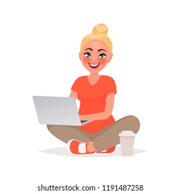 Girl is sitting and working behind a laptop. Remote work and communication in social networks. Vector illustration in cartoon style