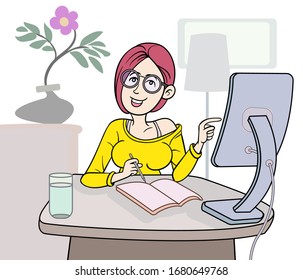 
A girl sitting and working with a computer. Pop art hand drawn style vector design illustrations. 