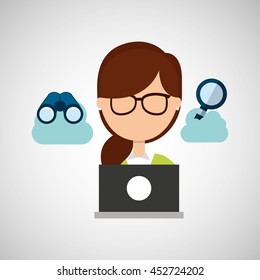 girl sitting and working icon, vecctor illustration