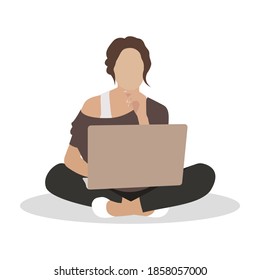The girl is sitting and working on a laptop. Home office. Work at home or freelance. A young woman studies at home. Lifestyle of a freelancer. Home schooling. Vector illustration in flat style.