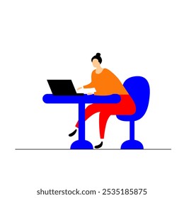 The girl is sitting and working on a laptop