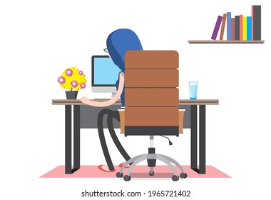 The girl is sitting at a workplace in a modern office. Cabinet. Creative workspace, office interior. Contemporary coworking center with computer. Colorful vector illustration in a cartoon flat style
