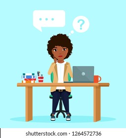 The girl sitting at the workplace thought about solving the problem. Speech bubbles. Business and Finance. In flat style on blue background. Cartoon.