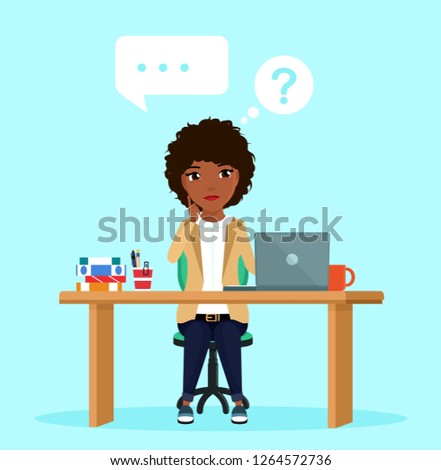 The girl sitting at the workplace thought about solving the problem. Speech bubbles. Business and Finance. In flat style on blue background. Cartoon.
