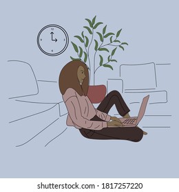 A girl sitting works on the laptop. Vector flat illustration.cartoon style.work from home.