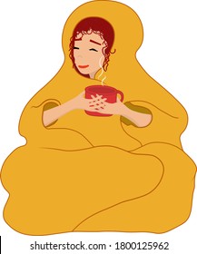 Girl sitting, wrapped in a warm yellow blanket. She holds a cup of hot drink in her hands. Coffee or tea. Vector illustration.