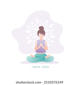 Chica sentada en pose de yoga, mujer en posición de loto y texto - hatha yoga, personaje de mujer de fitness, Anuncio o Plantilla de logotipo, Ilustración vectorial en estilo de moda