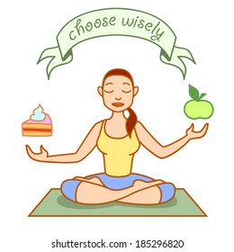 Girl sitting in yoga pose meditating about healthy lifestyle. Vector Illustration.