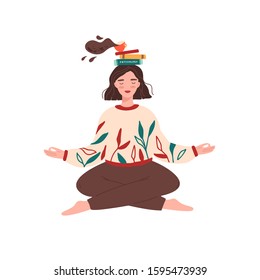 Girl sitting in yoga position and focusing on meditation. Girl with pile of books and a cup of coffee on the head. Coffee splashing out of a cup. Keep calm, preparing for exams, education concept.