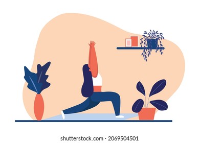 Girl sitting in yoga posture and meditating. Spiritual and physical practice. Aerobics exercise and morning meditation vector illustration.