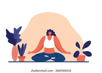 Girl sitting in yoga posture and meditating. Spiritual and physical practice. Aerobics exercise and morning meditation vector illustration.