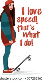 girl with a skateboard in a cap and hoodie