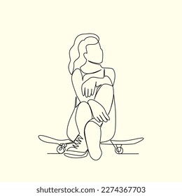 Girl with skateboard drawn in line art style