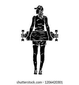 Girl with skateboard in hands. Can be used for printing on T-shirts, flyers, etc.  Vector illustration
