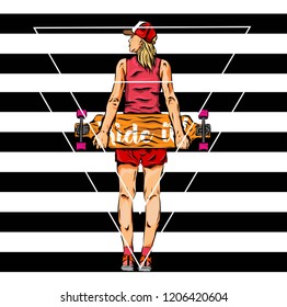 Girl with skateboard  in hands. Grunge background with striped and triangle. Can be used for printing on T-shirts, flyers, etc. Vector illustration.