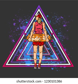 Girl with skateboard in hands on a background of triangles. Can be used for printing on T-shirts, flyers, etc.  Vector illustration

