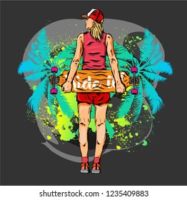 
Girl with skateboard in hands on the background of palm trees. Can be used for printing on T-shirts, flyers, etc.  Vector illustration