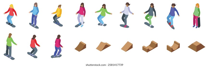  Girl skateboard icons set. Isometric skaters riding skateboards and various skatepark ramps, perfect for illustrating urban sports, skateboarding culture, or youth activities