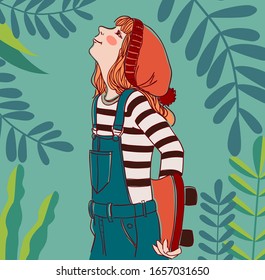 Girl with skateboard in the park. Nature landscape background. Summer holidays illustration. Vacation time