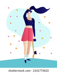 Girl with skateboard standing and posing in park illustration vector. Girl power concept poster. Summer time