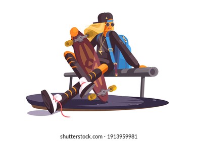 Girl and skateboard vector illustration. Fashionable teenager sitting on bench with skate cartoon design. Outdoors fun. Hobby and active spare time concept. Isolated on white background