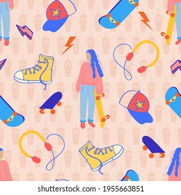 Girl Skateboarder with Accessories Vector Seamless Pattern