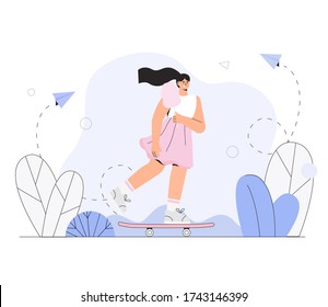 Girl skateboarder in a dress and with cotton candy rides a skateboard on the city park. Vector illustration in a flat modern style.