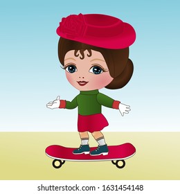 girl skateboarder dressed in a green sweater, a pink skirt and a hat with a flower ride on a skateboard, hand drawn emoticon, cartoon character