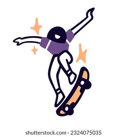 Girl skateboarder jumps trick ollie on a skateboard. Old school, street sports. Vector icon or illustration in simple doodle cartoon outline style.