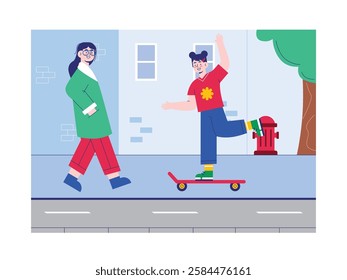 Girl skateboarding, citizen activity in the town. Design character. Vector flat illustration