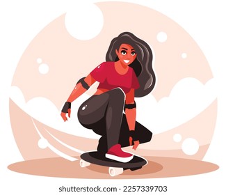 Girl skateboarding at the skatepark. Skateboarder performs difficult tricks on a skateboard. Vector graphics