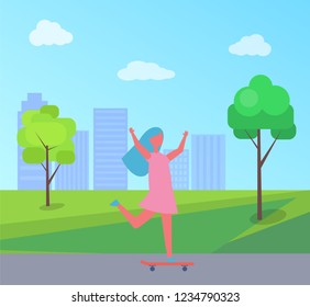 Girl skateboarding vector illustration of skyscrapers and green trees. Child in dress having fun riding on skateboard, playing outdoor in city park