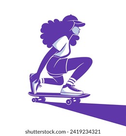 Girl Skateboarding. Vector Monochrome Illustration on White Background.