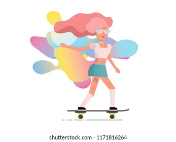 Girl Skateboarding vector. Young woman riding skateboard and having fun. People characters. Stock vector illustration. 