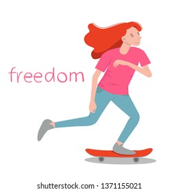 The girl skater. Beauty girl with red hair surf on skateboard. Used for flyer, banner sporting events, packing sports goods. Flat vector illustration isolated object.