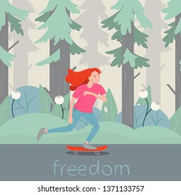 Girl skater character on longboard. Vector flat cartoon illustration handwritten freedom